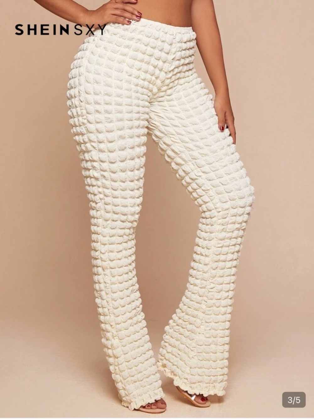 SHEIN Cream Textured Flare Knit Pants